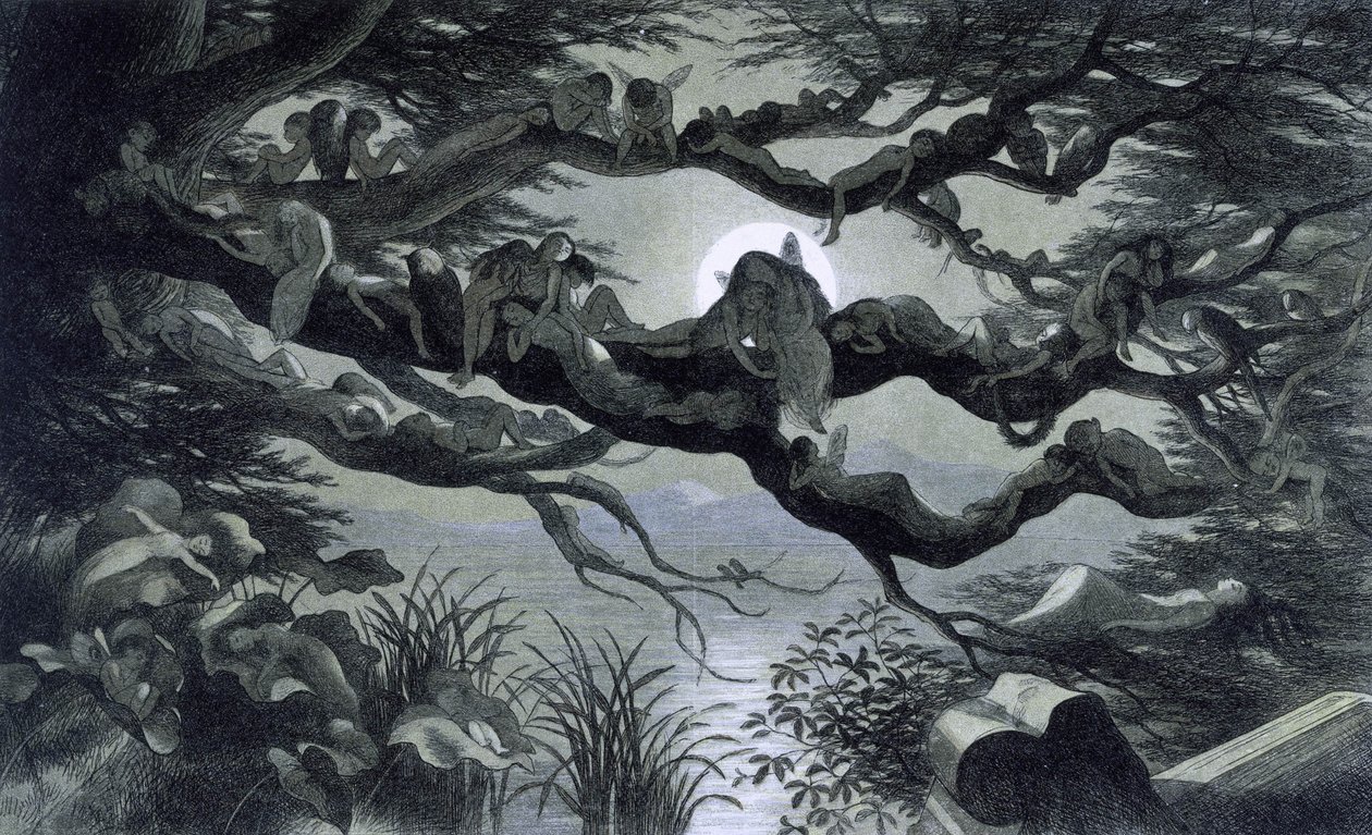 Tündérek, nimfák és manók pihennek a holdfényben egy ágon? Illusztráció: "" Tündérországban. Richard Doyle képsorozata az elf világából"" 1869-1870 The British Library Institution Hivatkozás: Shelfmark ID: 1876 e18 