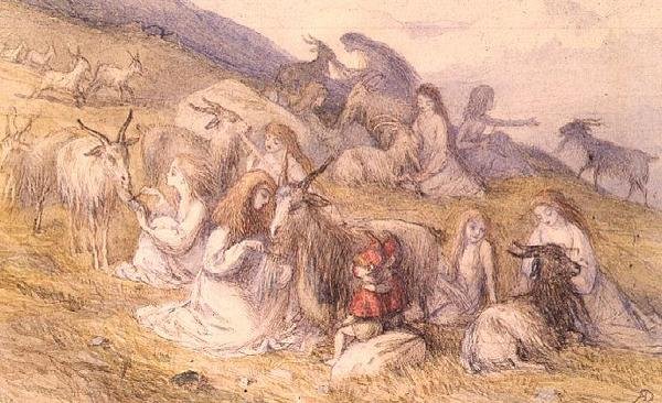 Lányok fésülködnek kecskeszakállal (akvarell, toll és barna tus) alkotó: Richard Doyle
