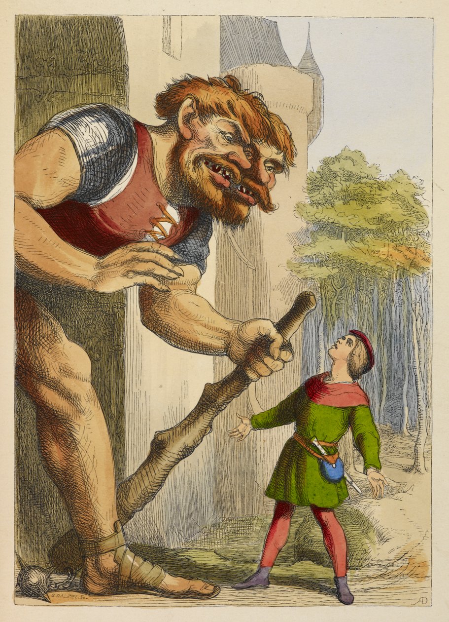 Jack felnéz egy óriásra, akinek két feje van. Az óriás walesi. Színes illusztráció gyermekkönyvben. alkotó: Richard Doyle