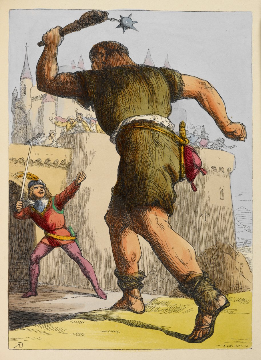 Jack készen áll a harcra egy óriással a kastélyon kívül. Színes illusztráció gyermekkönyvben. alkotó: Richard Doyle