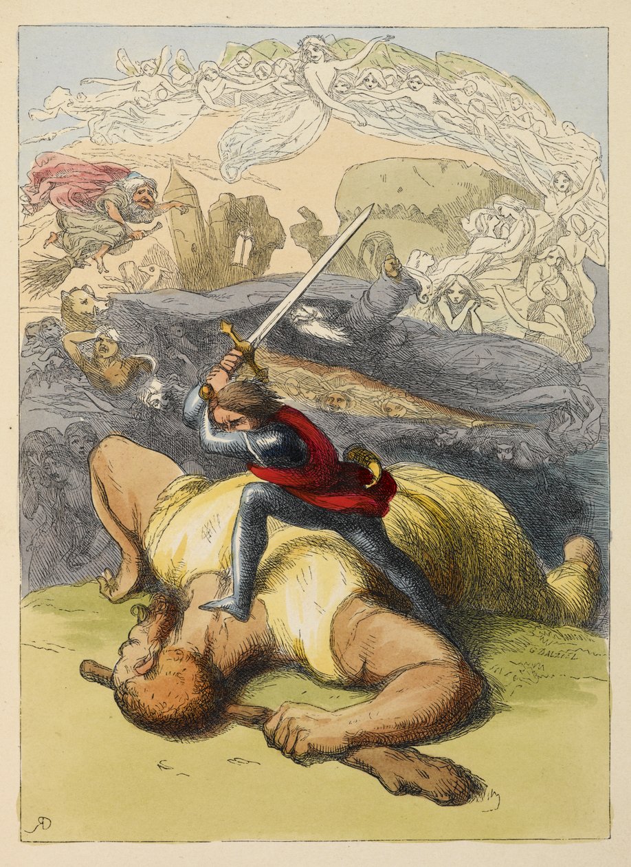 Jack egy óriás testén áll, felemelt karddal. Színes illusztráció gyermekkönyvben. alkotó: Richard Doyle