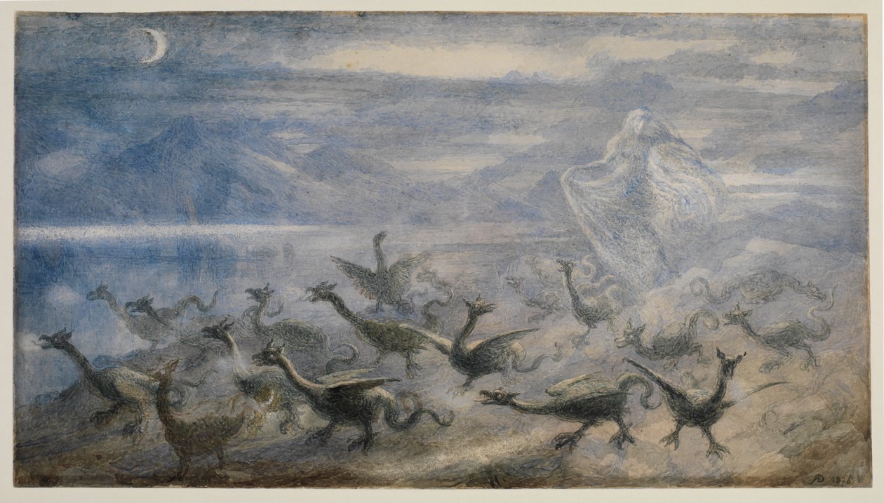 Holdfényes táj, boszorkánnyal és fiatal sárkányokkal, 1876 alkotó: Richard Doyle