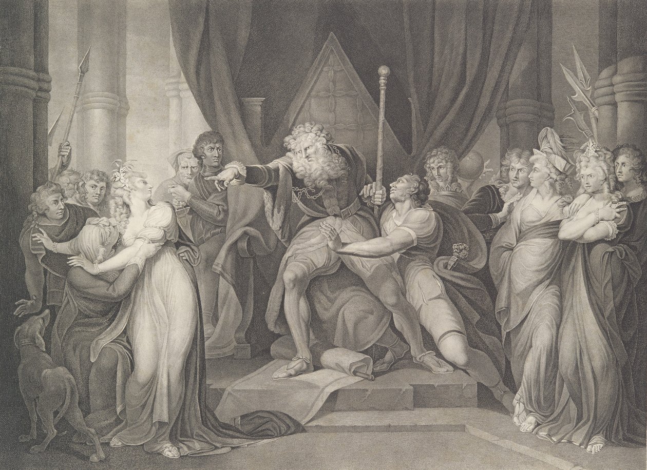 Lear király Kiűzi lányát Cordelia Shakespeare, K..., először 1792-ben adták ki, újra kiadták 1852-ben. alkotó: Richard Earlom