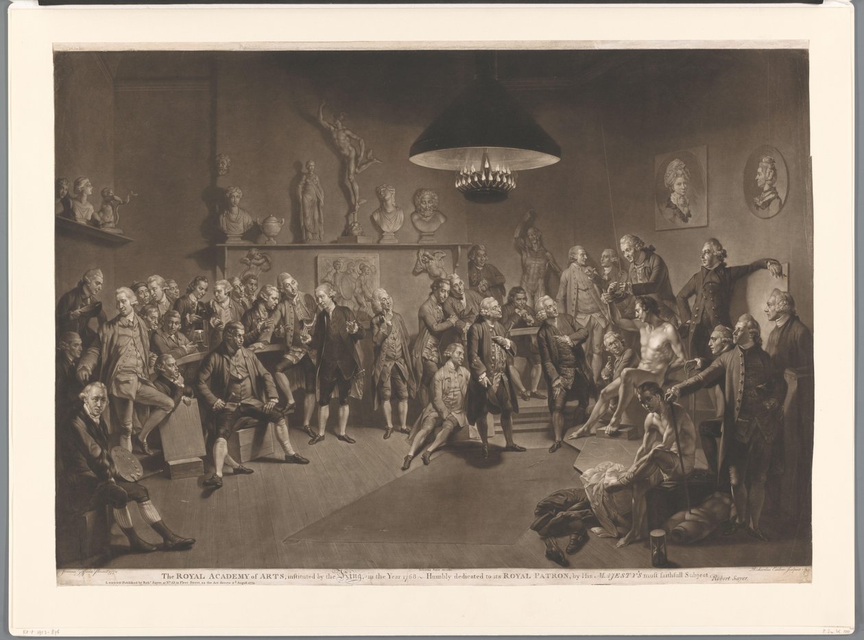 A Királyi Akadémia tagjai egy enteriőrben egy meztelen férfimodellel, 1768 A Királyi Művészeti Akadémia, amelyet a király alapított 1768-ban (cím a tárgyon) alkotó: Richard Earlom