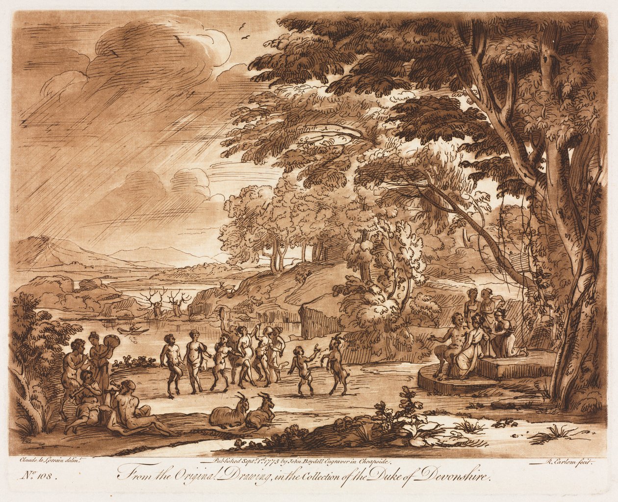Liber Veritatis: 108. sz., Táj szatírokkal és nimfákkal táncol, 1775. alkotó: Richard Earlom