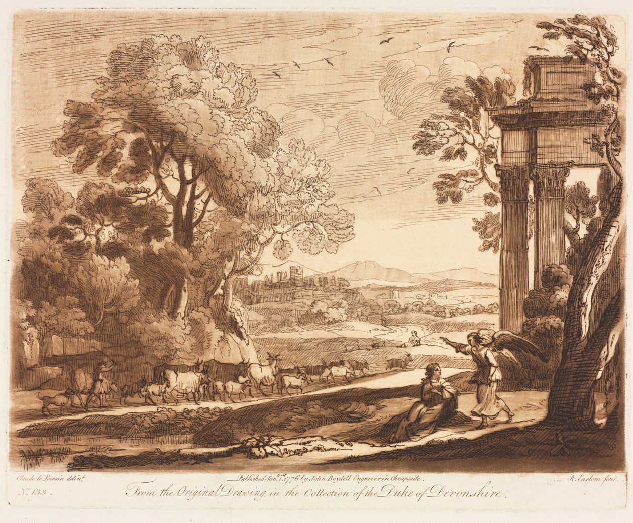 Liber Veritatis: 133. sz., Táj, szarvasmarhákkal és Hágart vigasztaló angyallal, 1776. alkotó: Richard Earlom