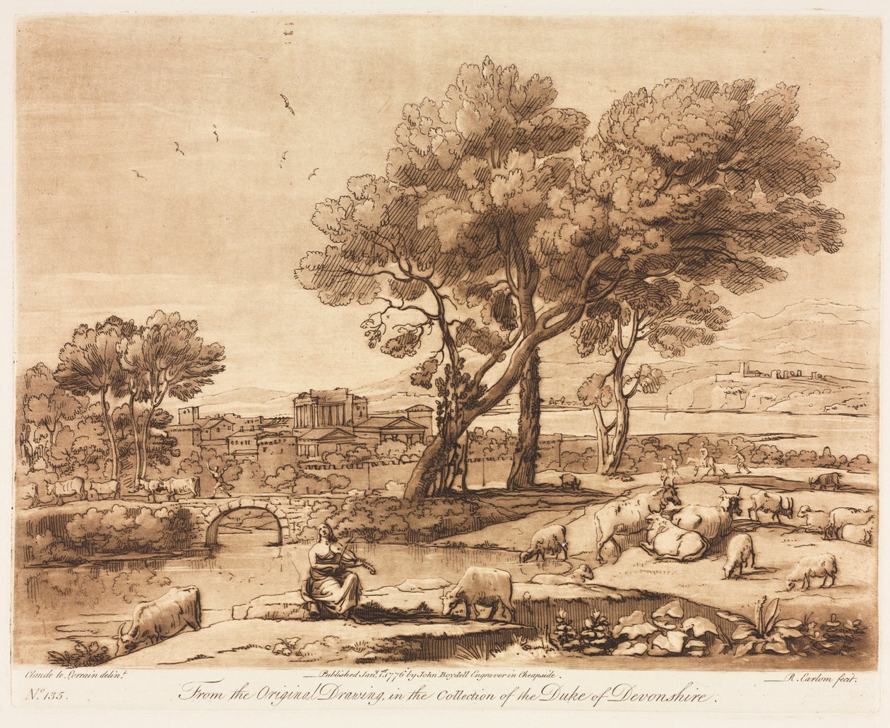 Liber Veritatis: 135. sz., Tájkép, épületekkel, a Mercury ellopja Admetuss marháját..., 1776. alkotó: Richard Earlom