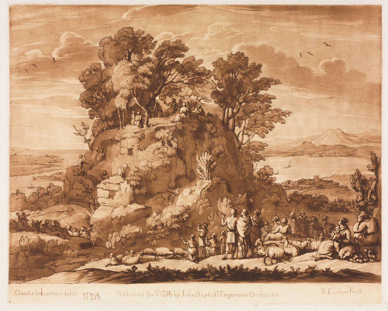 Liber Veritatis: 138. sz., Kilátás a tengerre, Krisztus a hegyen prédikál..., 1776. alkotó: Richard Earlom