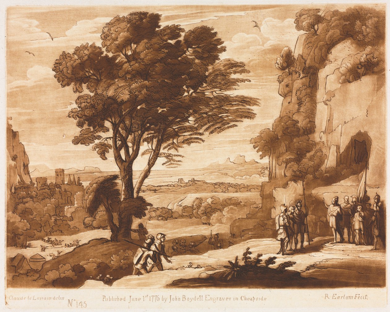 Liber Veritatis: 145. sz., Tájkép, alakokkal, Simon Priamosz elé vitte, 1776. alkotó: Richard Earlom