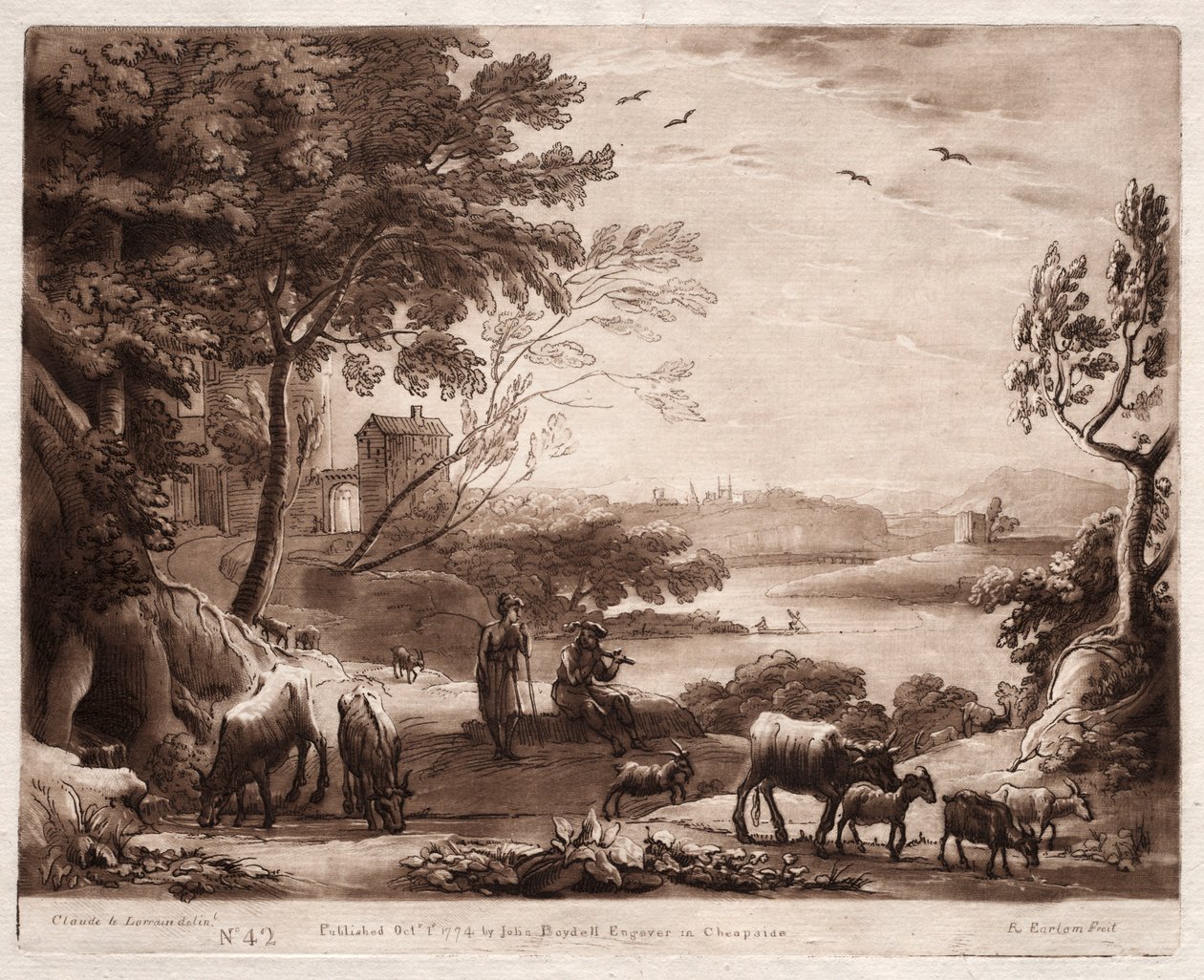 Liber Veritatis: 42. szám, Folyói táj pásztorral és pásztorlánnyal..., 1774. alkotó: Richard Earlom