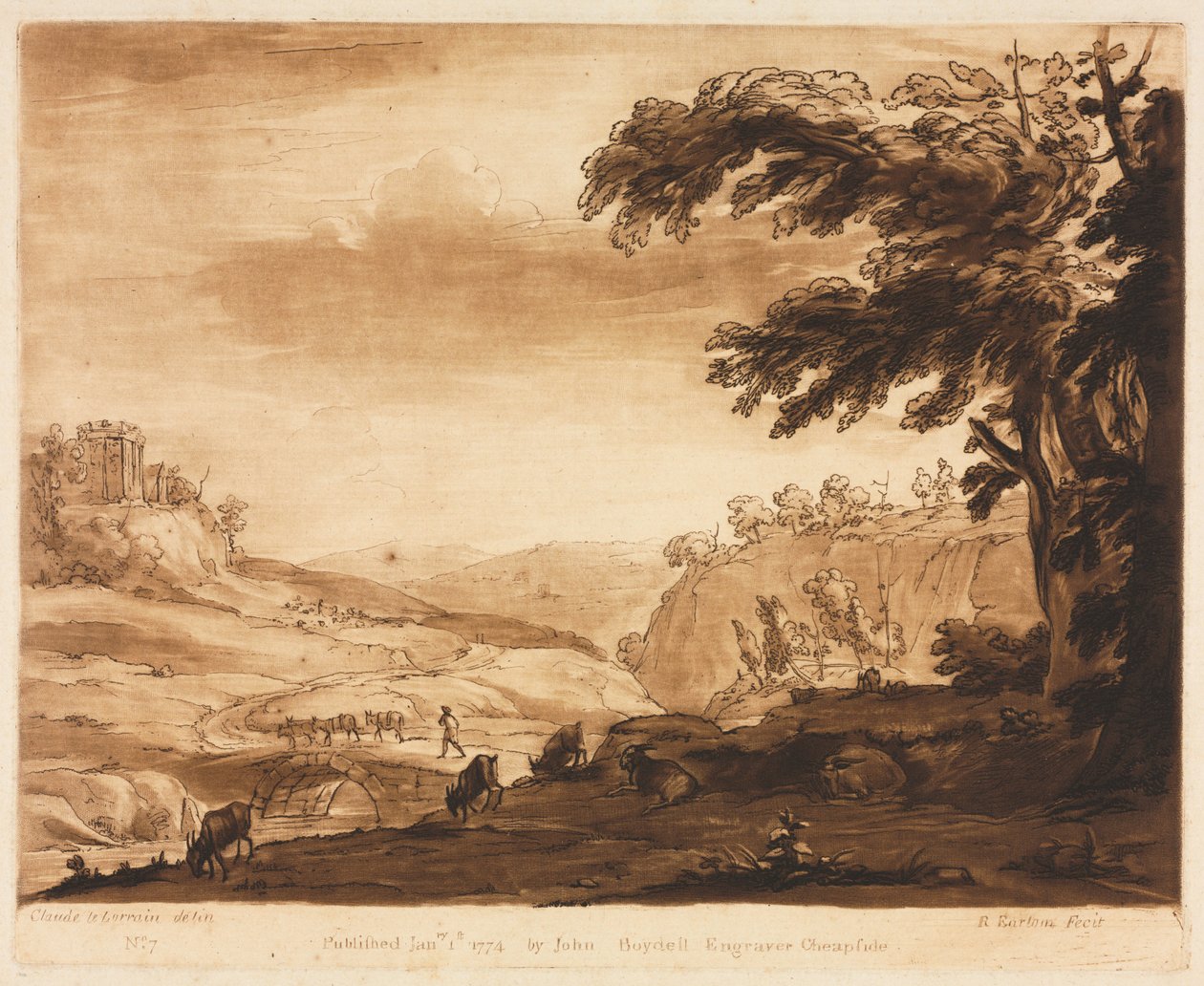 Liber Veritatis: 7. sz., Szigetjelenet egy hegyvidéki vidékről szarvasmarhákkal, 1774. alkotó: Richard Earlom