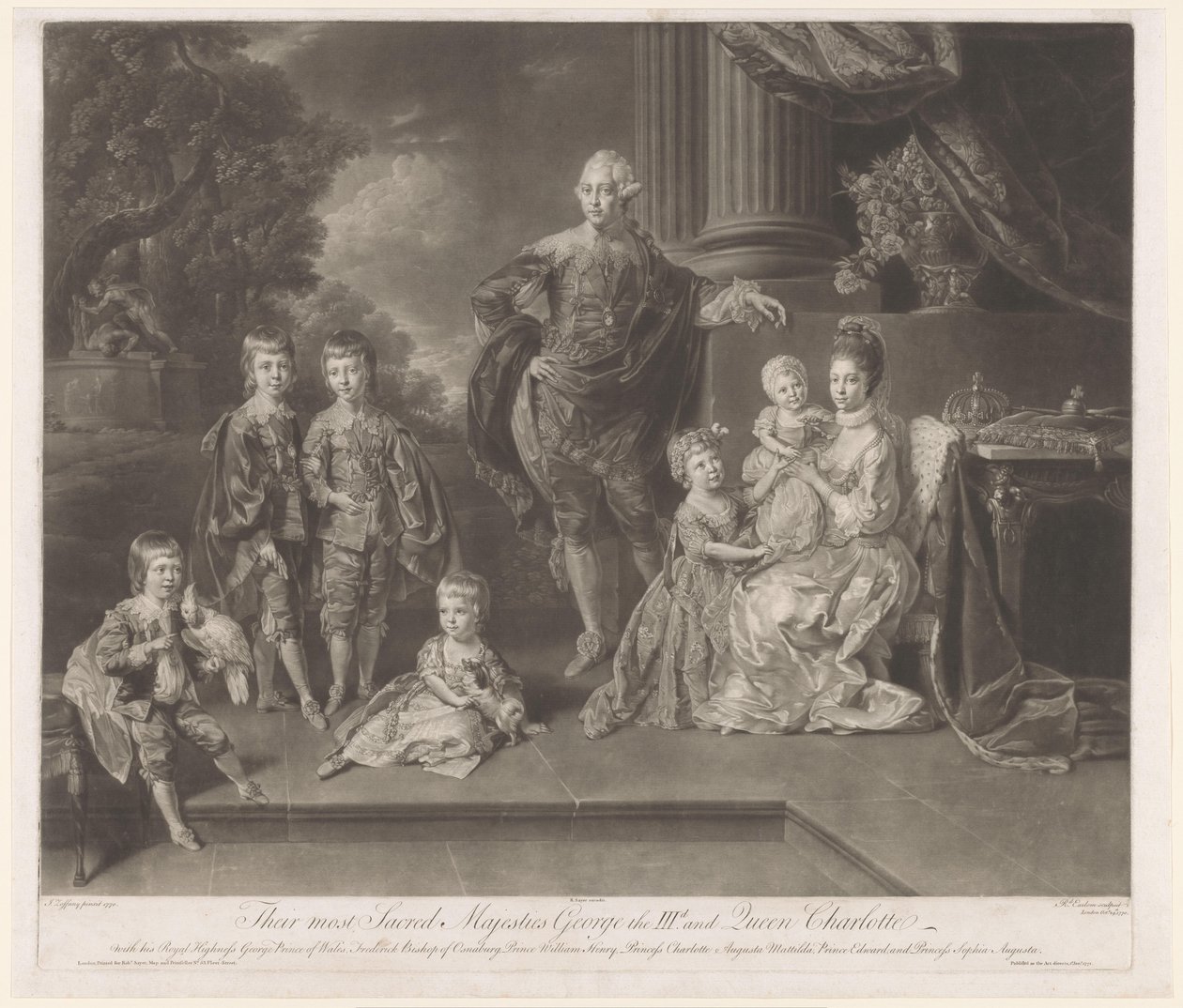 III. György, az Egyesült Királyság királyának és családjának portréja Legszentebb felségük III. György és Charlotte királynő (cím a tárgyon) alkotó: Richard Earlom