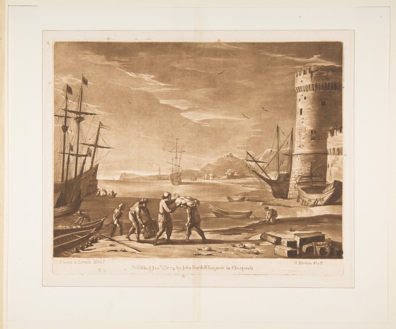 Tengeri kikötő tengerészekkel árut rakodva, 1774. alkotó: Richard Earlom