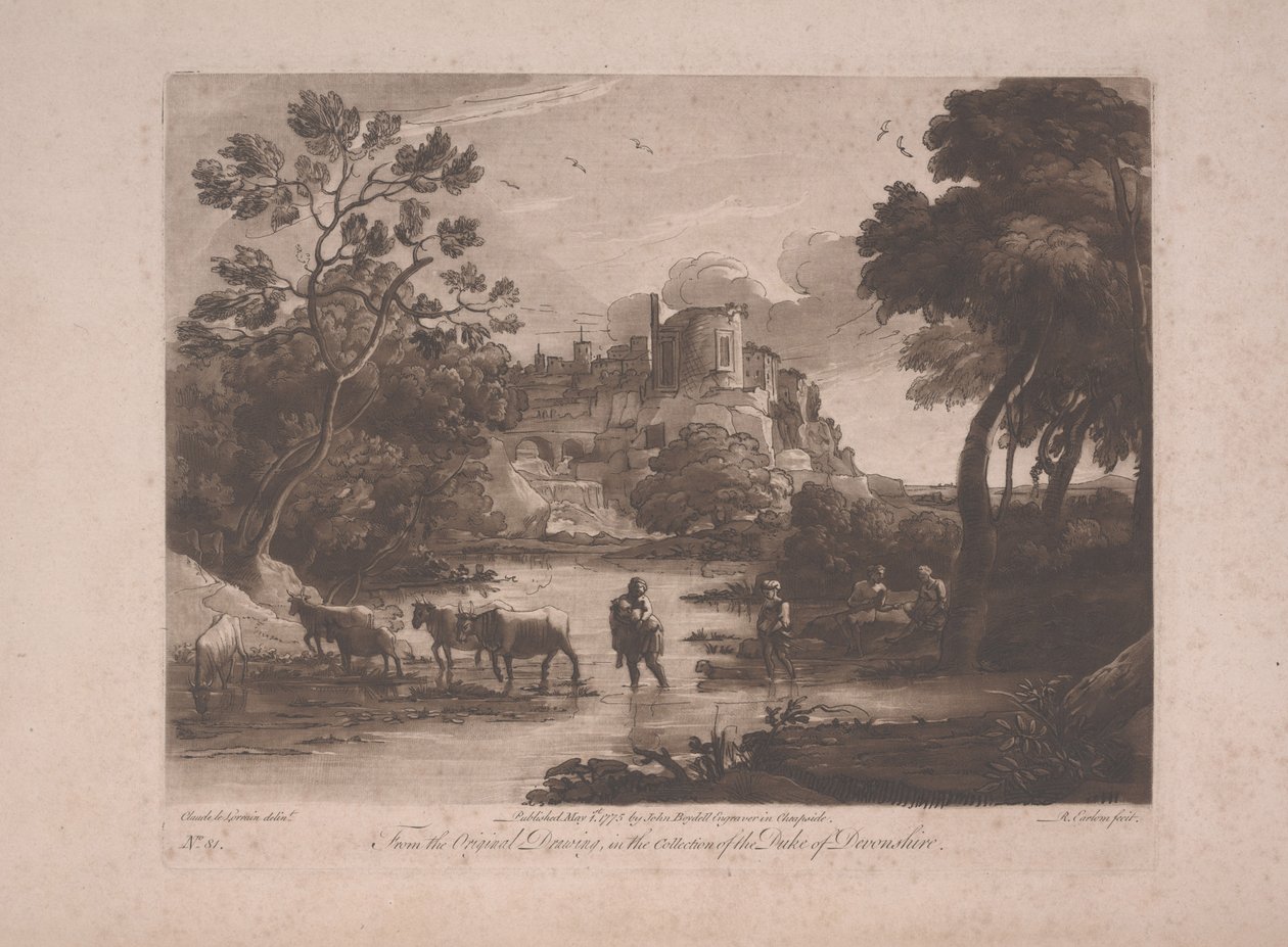 Kilátás a Tivolira napnyugtakor, 1775-ben (mezzotint, rézkarc) alkotó: Richard Earlom