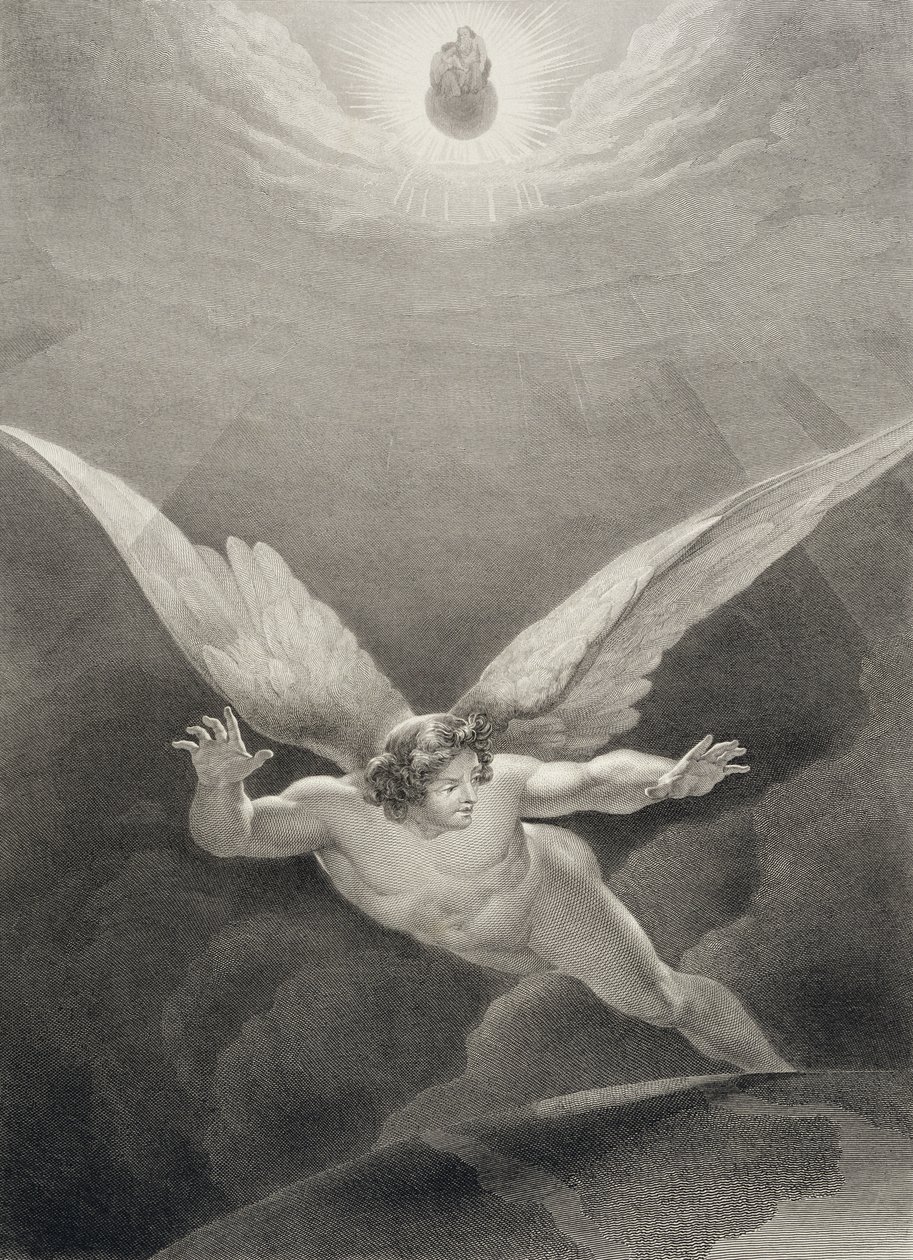 A Sátán átugrik a mennyország falain, John Milton (1608-74) „Elveszett paradicsom” francia kiadásából, amelyet Nyon vésett, 1868-ban. alkotó: Richard Edmond Flatters