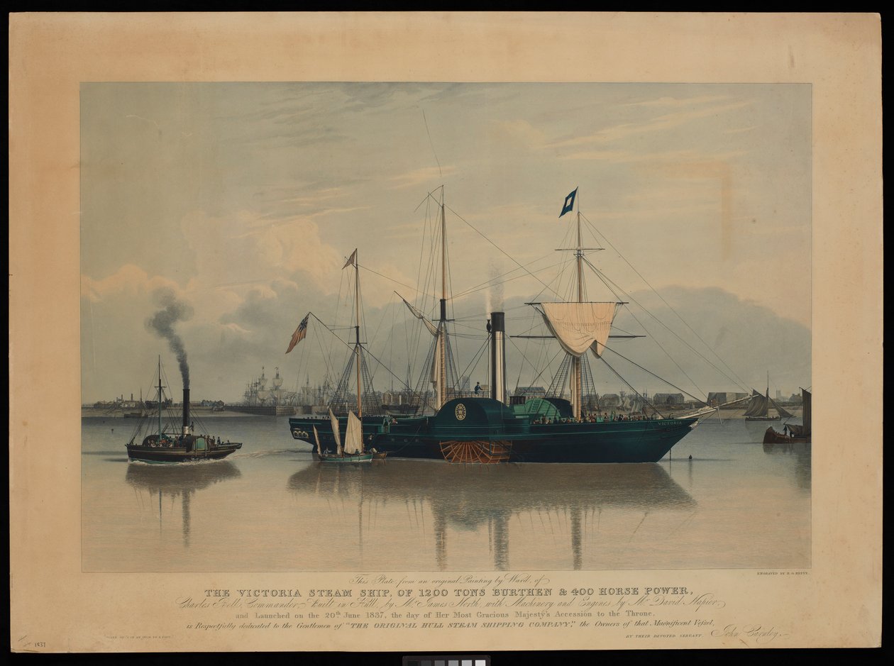 Ez a lemez, Ward eredeti festményéről, a Victoria gőzhajóról, 1200 tonna teherbírású és 400 lóerős... 1837. június 20-án indult útjára... (aquatinta, színes, karton). alkotó: Richard G. Reeve