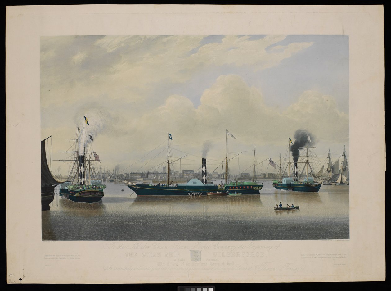 A Humber Union Steam Packet Company számára ez a metszet a Wilberforce gőzhajóról három helyzetben, Hull kikötőjének és városának kilátásával... alkotó: Richard G. Reeve