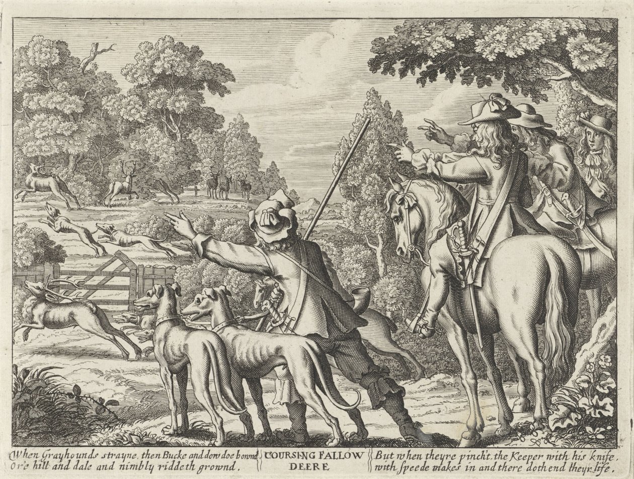 Herten nagejaagd door jachthonden Coursing Fallow Deere (cím az objektumon) Jachtpartijen (sorozat címe) A vadászat, a hawking és a horgászat többféle módja angolul (sorozat címe) alkotó: Richard Gaywood (possibly)