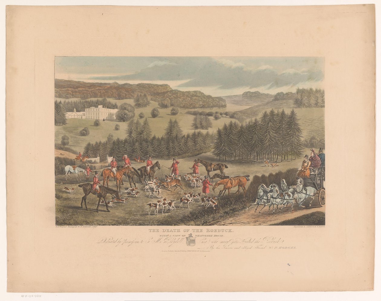 Vadászok és kutyák vesznek körül egy haldokló szarvast a Whatcombe House közelében The Death of the Roebuck, kilátással a Whatcombe-házra (cím a tárgyon) alkotó: Richard Gilson Reeve