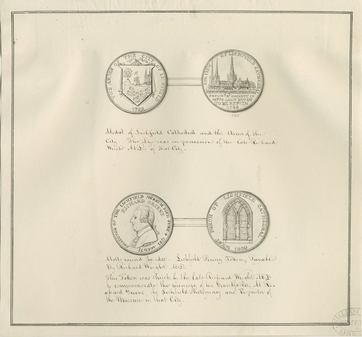 Lichfield – Lichfieldi katedrális és a városi fegyverek érmei, valamint Richard Greene portréja: tollrajz, nd [19. század eleje] (rajz) alkotó: Richard Greene