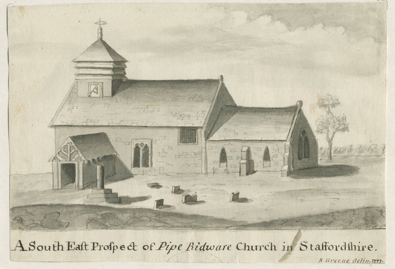 Pipe Ridware templom: szépia festmény, 1777 alkotó: Richard Greene