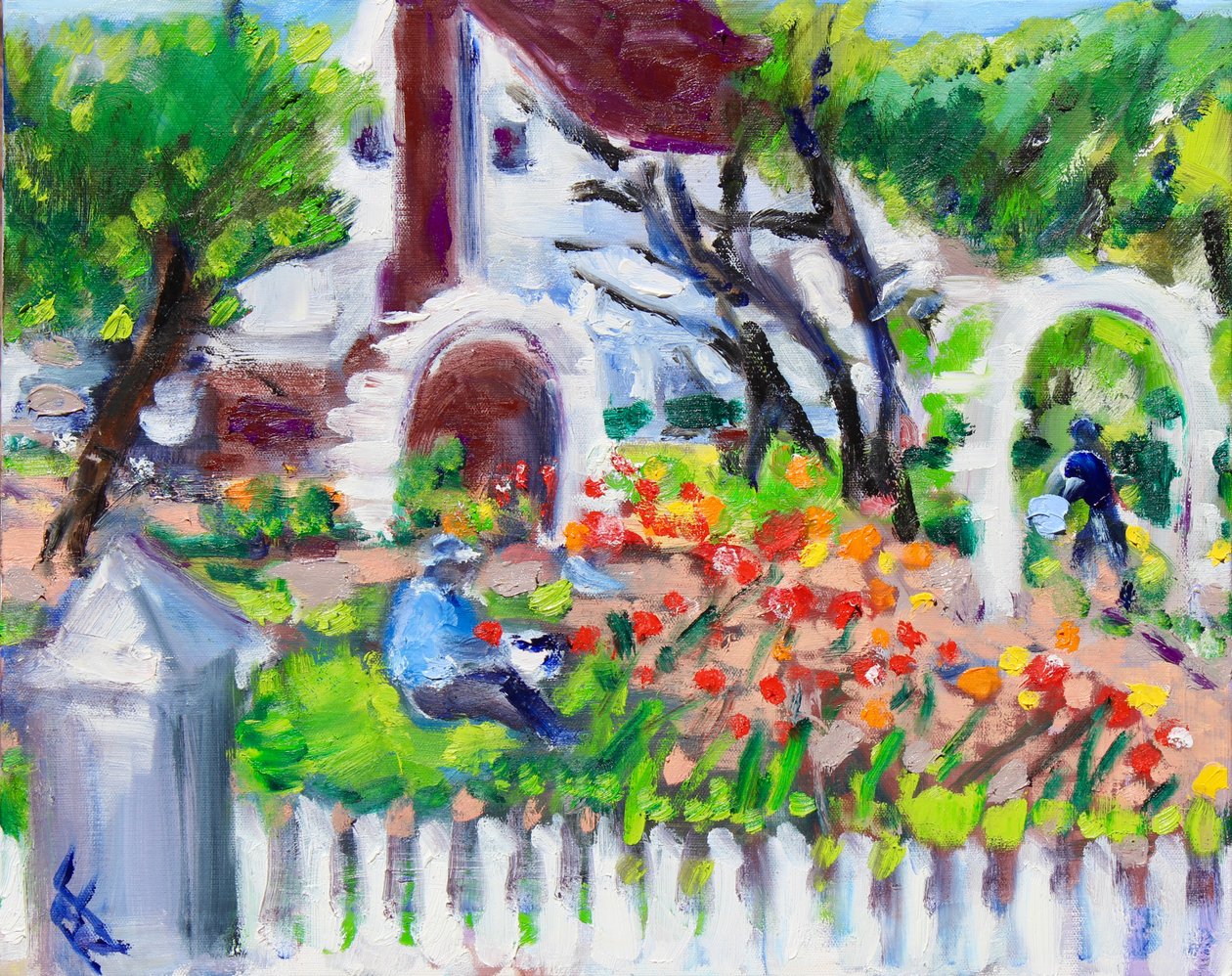 Kertész a munkahelyen, Luther Burbank Gardens, 2021 (olaj, vászon) alkotó: Richard H. Fox
