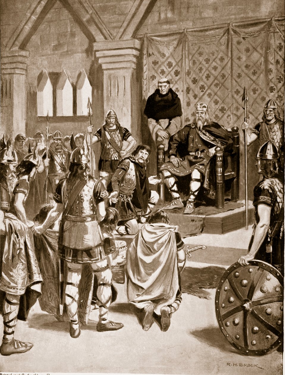 Charlemagne trófeái átadták Offa of Merciának, i.e. 786, illusztráció a „Hutchinson története a brit nemzetről”, 1920 körül alkotó: Richard Henry Brock