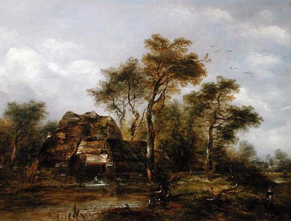 Overshot Mill with Man Fishing (olaj, vászon) alkotó: Richard Hilder