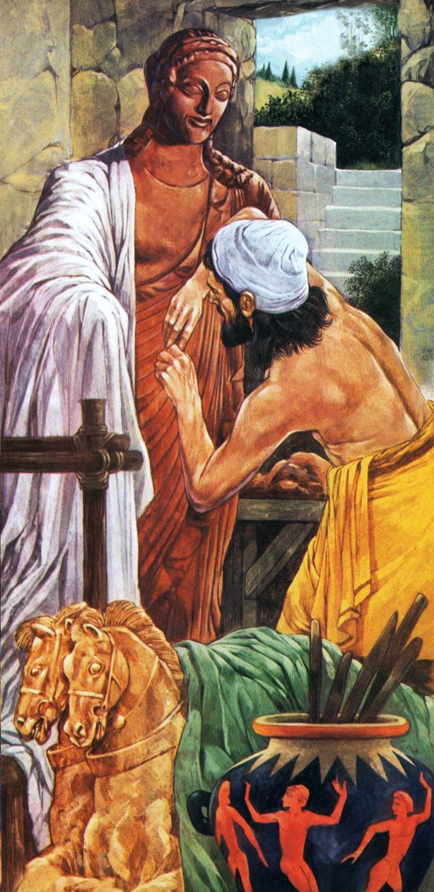 Veiii Vulca, az etruszk művész, Hermész szobrán dolgozik. alkotó: Richard Hook