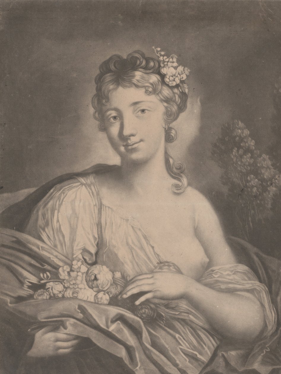 Tavasz: egy fiatal nő, aki virágokat tart a köpenyében, 1775. alkotó: Richard Houston