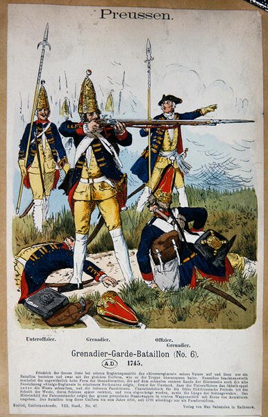 Porosz gránátos őrök és tisztek 1745-ben, 1890 körül (színes litó) alkotó: Richard Knoetel