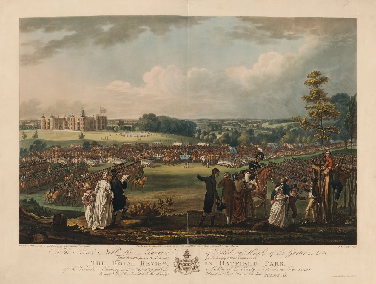 The Royal Review in Hatfield Park of the Volunteer Cavalry and Infantry, Herts County Militia, 1800. június 13-án, vésett Joseph C. Stadler (fl.1780-1812) alkotó: Richard Livesay