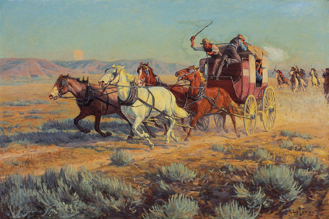 Lovas indiánok által üldözött kocsi, 1912 alkotó: Richard Lorenz
