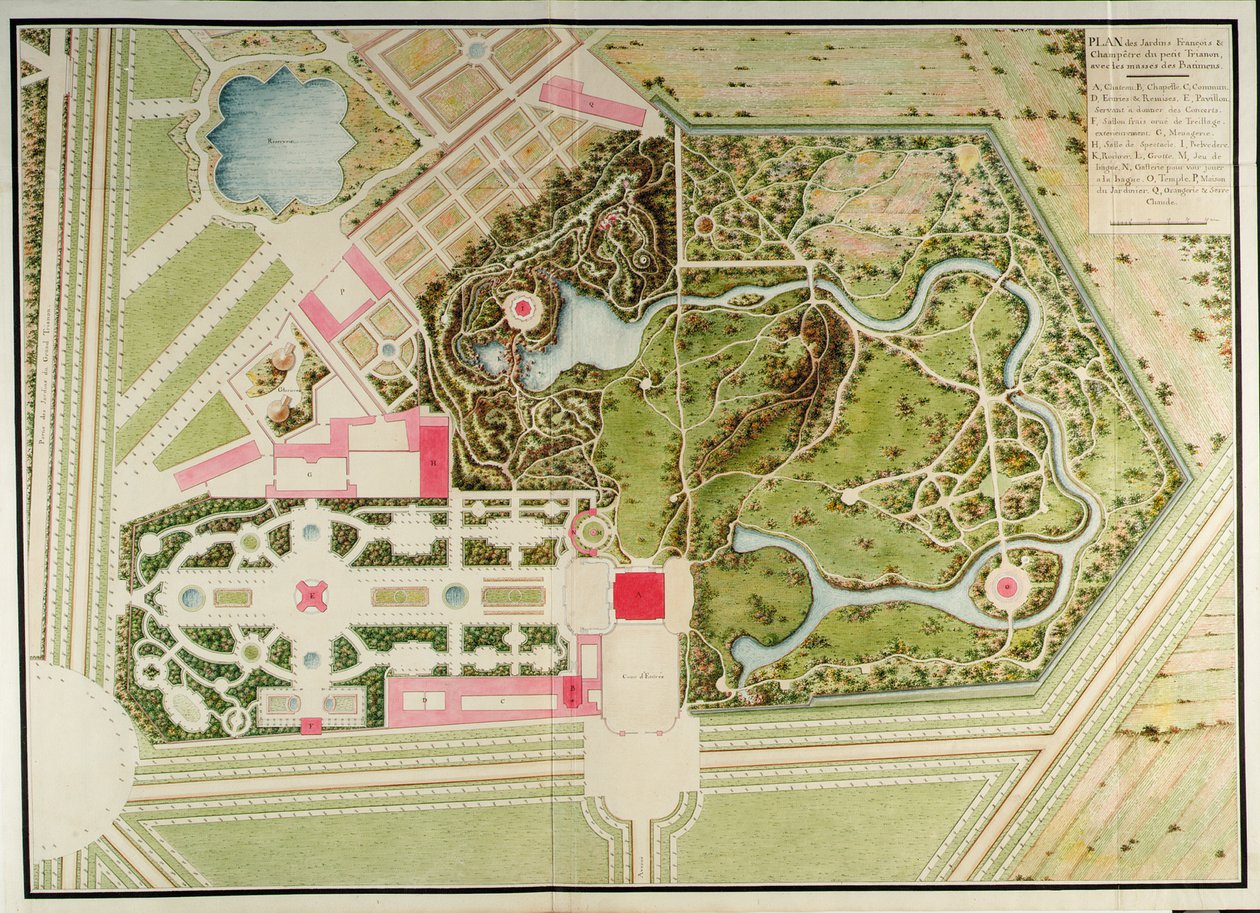A Petit-Trianon francia és vidéki kertjeinek terve az épület tömegével, Richard Mique Recueil des plans du Petit Trianonból alkotó: Richard Mique