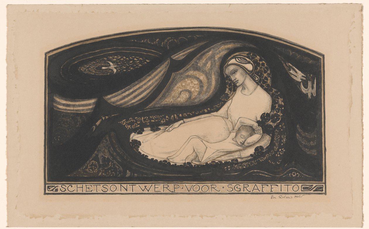 Hazug nő és gyermek Sgraffito vázlatterve (cím az objektumon) alkotó: Richard Nicolaüs Roland Holst (signed by artist)