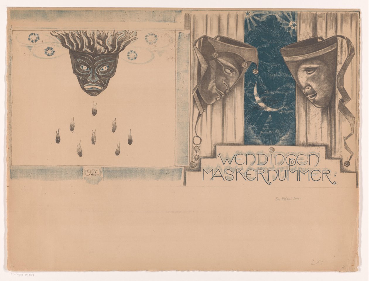 Borítóterv a következőhöz: Wendingen, Mask Issue, 1920 alkotó: Richard Nicolaüs Roland Holst (signed by artist)