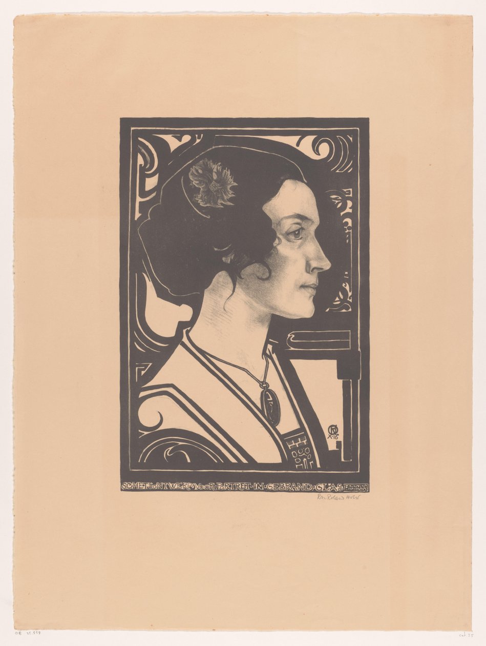 Egy ismeretlen nő portréja Vázlatterv portréhoz ólomüvegben (cím a tárgyon) alkotó: Richard Nicolaüs Roland Holst (signed by artist)
