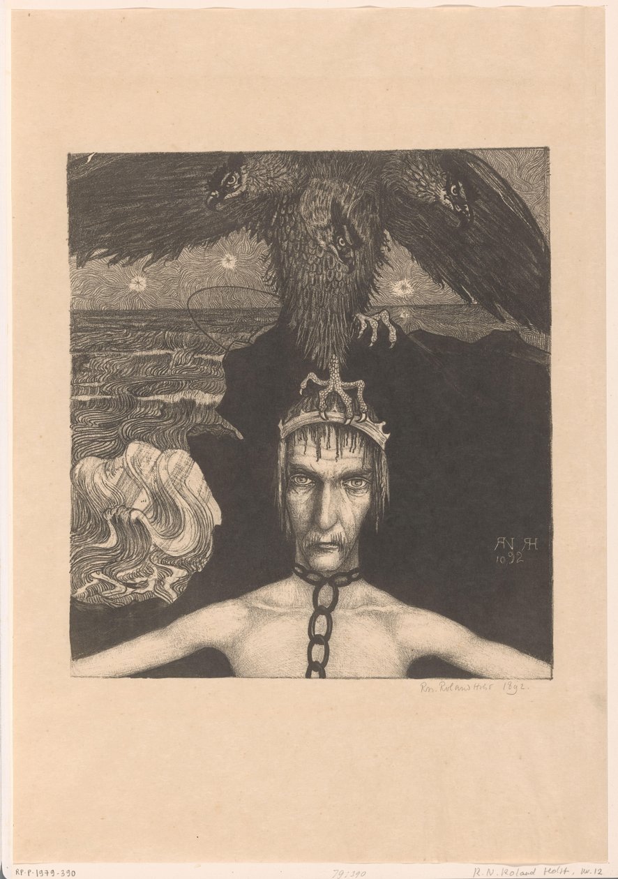 Leláncolt ember háromfejű ragadozómadárral a fején Anangke (Destiny) (eredeti cím) alkotó: Richard Nicolaüs Roland Holst