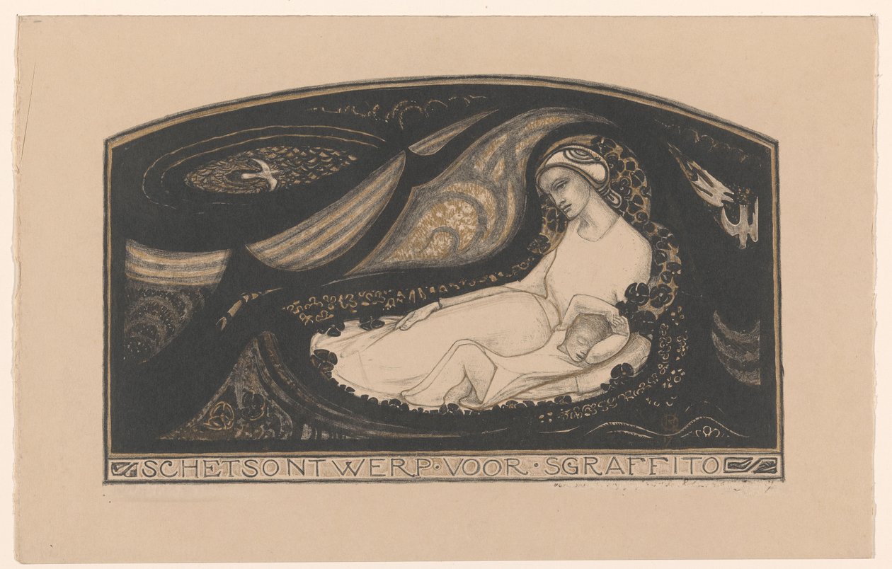Hazug nő és gyermek Sgraffito vázlatterve (cím az objektumon) alkotó: Richard Nicolaüs Roland Holst