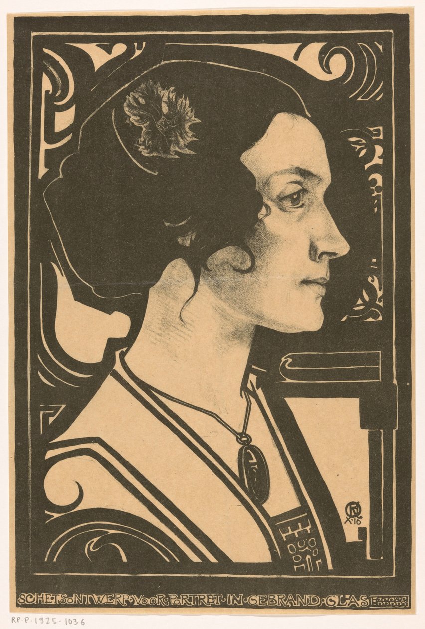 Egy ismeretlen nő portréja Vázlatterv portréhoz ólomüvegben (cím a tárgyon) alkotó: Richard Nicolaüs Roland Holst