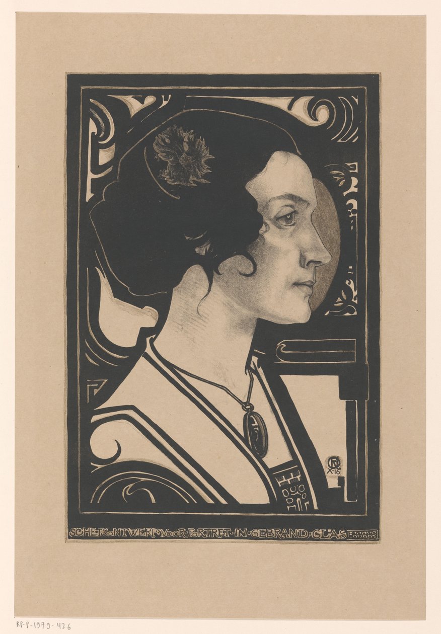 Egy ismeretlen nő portréja Vázlatterv portréhoz ólomüvegben (cím a tárgyon) alkotó: Richard Nicolaüs Roland Holst