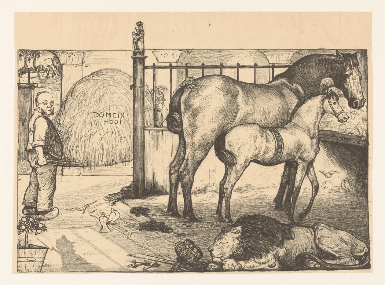 Két ló egy szénatartónál egy istállóban Az állami állványnál (eredeti cím) alkotó: Richard Nicolaüs Roland Holst