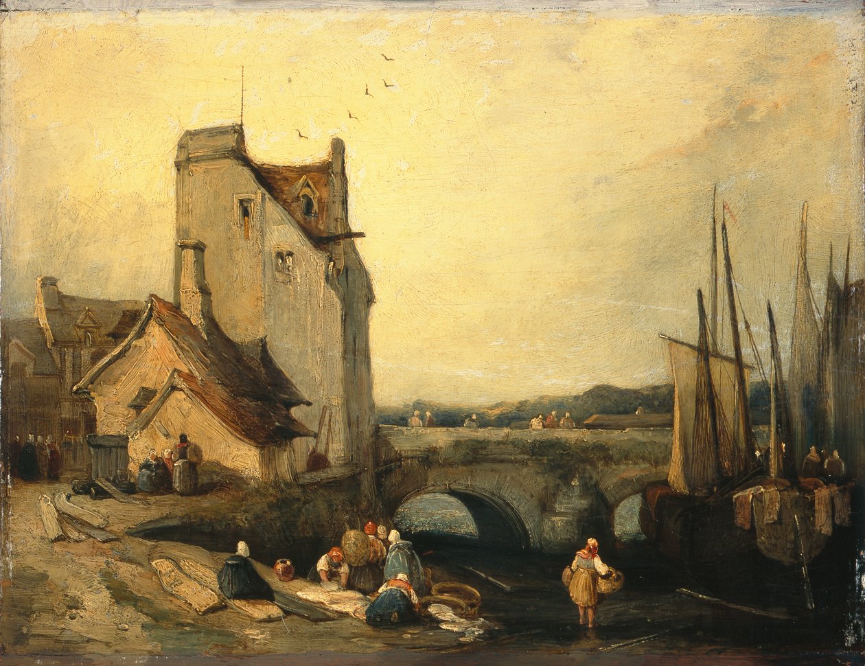 View in Brittany: Bridge, Cottages and Washerwoman (oil on panel) alkotó: Richard Parkes (attr. to) Bonington