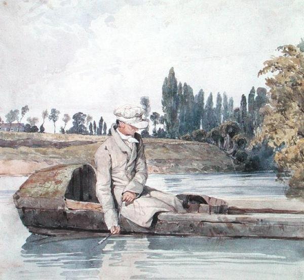 Egy ember, aki csónakból horgászik a folyón (akvarell papíron) alkotó: Richard Parkes Bonington