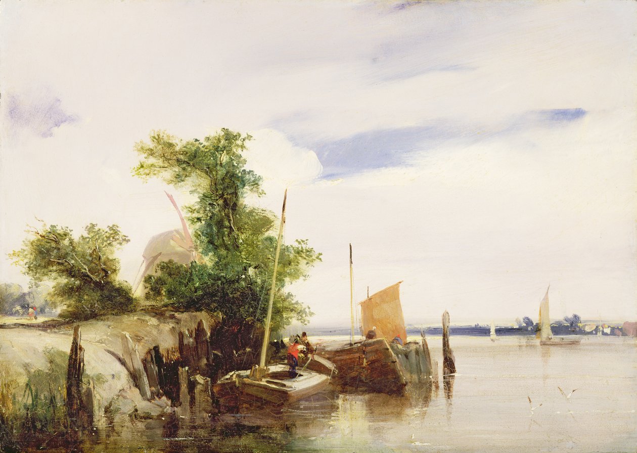Bárkák a folyón, 1825-26 körül (olaj, malomdeszka) (aláírva) alkotó: Richard Parkes Bonington