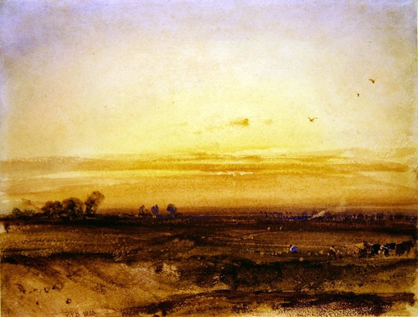 Táj aratógépekkel naplementekor alkotó: Richard Parkes Bonington