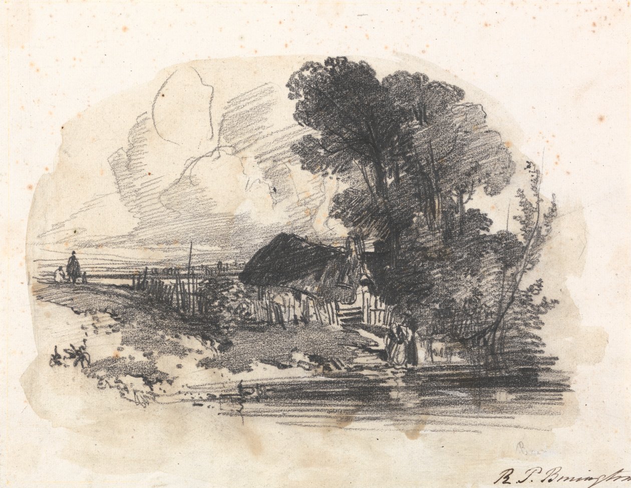 Fák és egy kunyhó a folyó mellett alkotó: Richard Parkes Bonington
