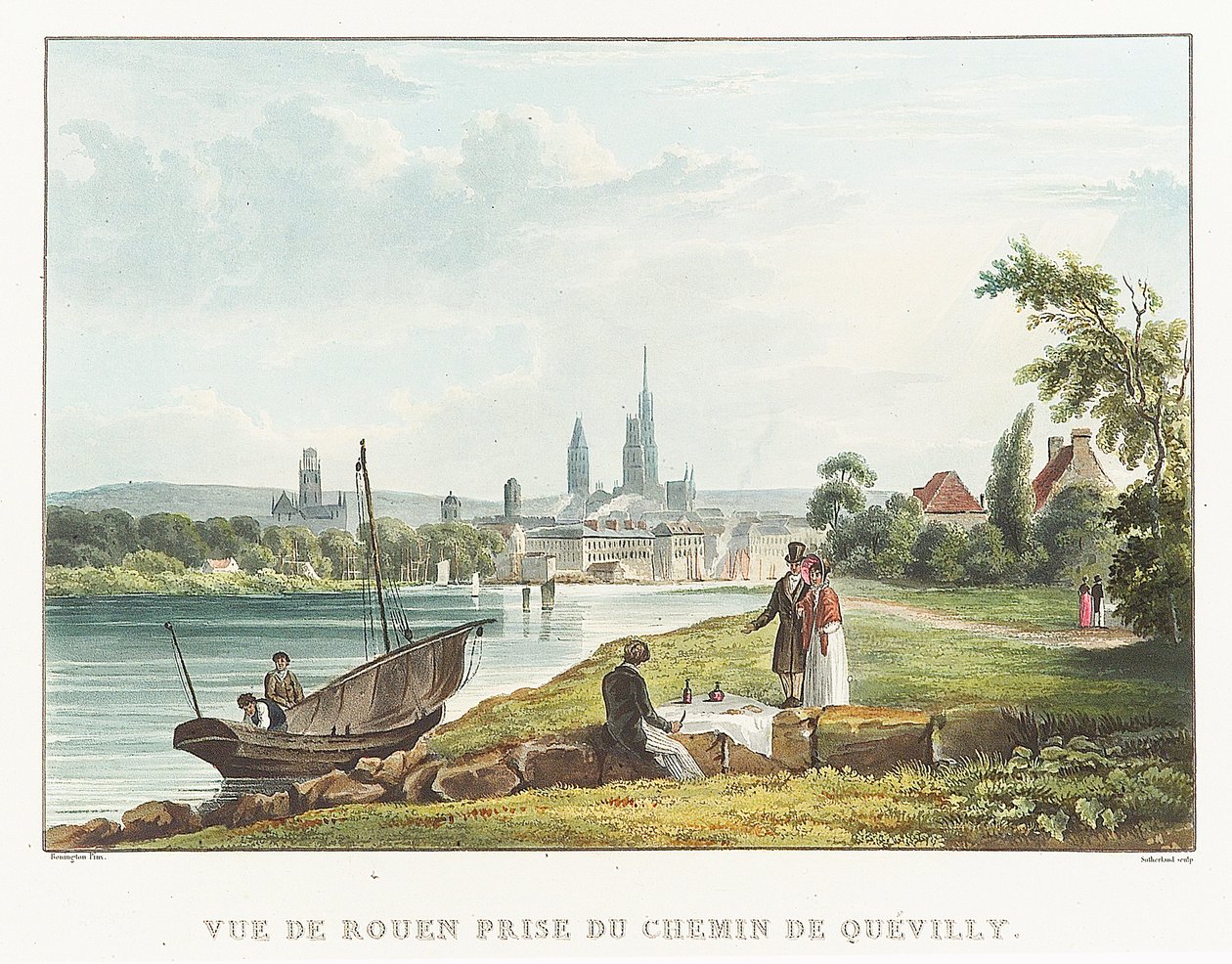 Rouen látképe a Quevilly út felől (Franciaország). Richard Parkes Bonigton (1802-1828) litográfiája (34,7x51,7 cm), 19. század eleje. alkotó: Richard Parkes Bonington