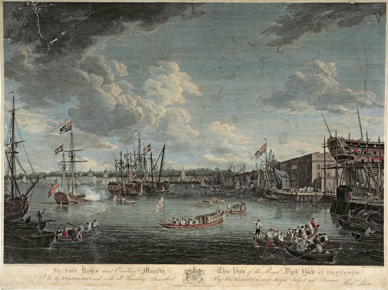 Kilátás a deptfordi Royal Dock Yardról, William Woollett metszetével, 1793. július 1-jén publikálva (színes rézkarc) alkotó: Richard Paton