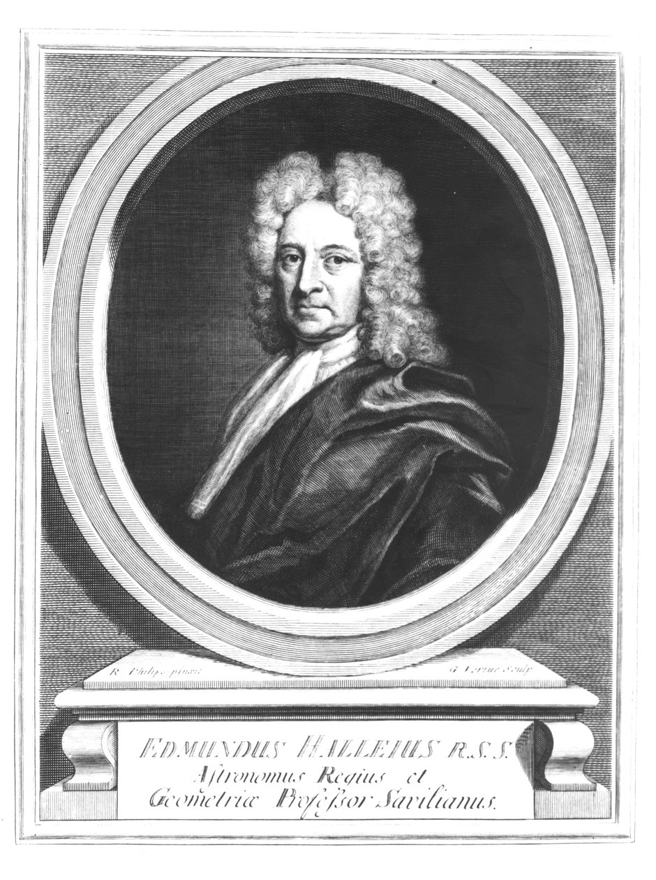 Edmond Halley (1656-1742) portréja, amelyet George Vertue (1684-1756) metszett (bw fotó) alkotó: Richard Philips
